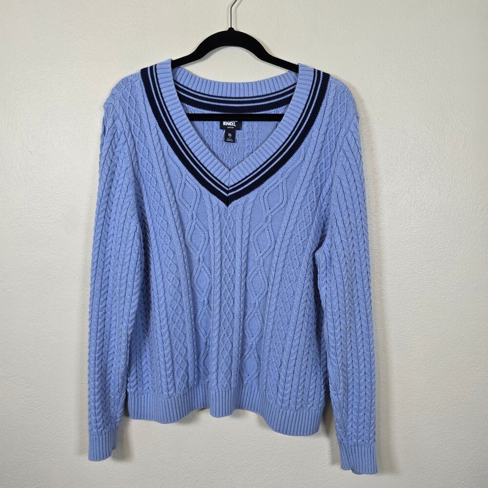 Lands' End Drifter Sweater Womens XL Blue V Neck Nautical Coastal Casual Classic